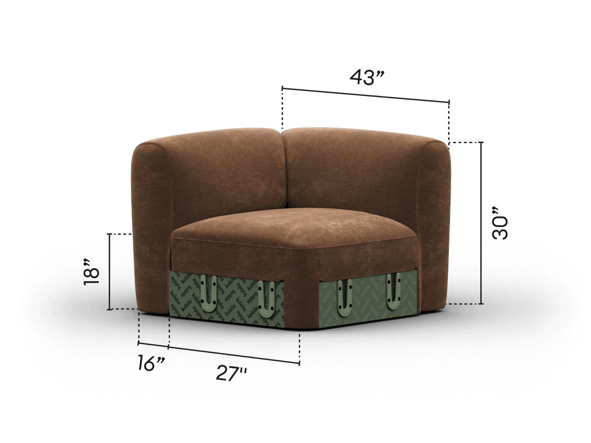 Premium corner lounge chair, upholstered in rich brown fabric with a matte finish. Features metal base accents in an industrial style. Perfect for modern living spaces.