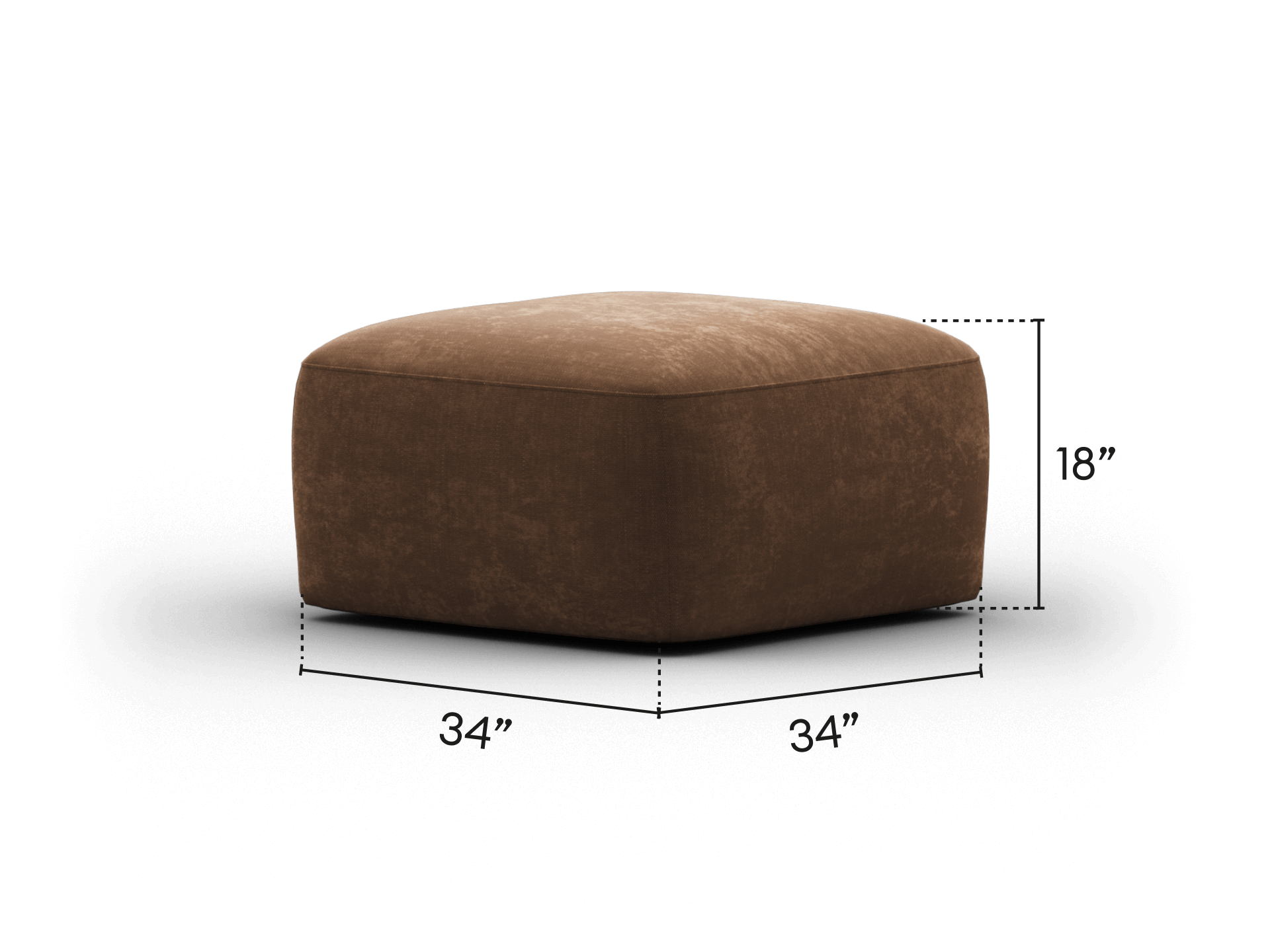 Luxurious ottoman made from rich, brown suede fabric. Square design with plush cushioning. Ideal for modern lounge settings, adding warmth and style.