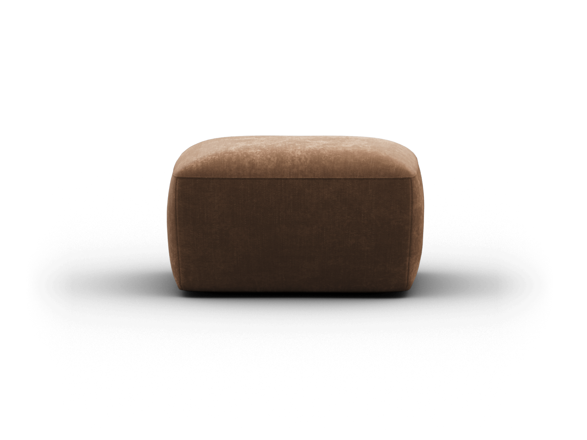 Luxurious brown velvet ottoman, rectangular with rounded edges, plush upholstery, chic minimalist design. Perfect for contemporary living spaces.