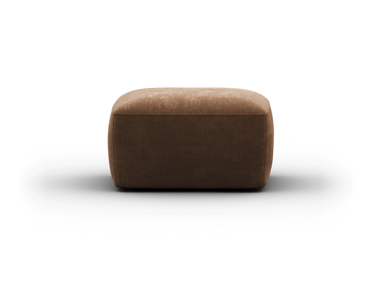 Luxurious brown velvet ottoman, rectangular with rounded edges, plush upholstery, chic minimalist design. Perfect for contemporary living spaces.