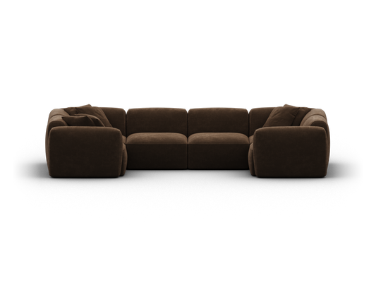 Luxurious modular sofa in rich brown velvet, featuring plush cushions and deep seating. Perfect for sophisticated living rooms, offering comfort and modern elegance.