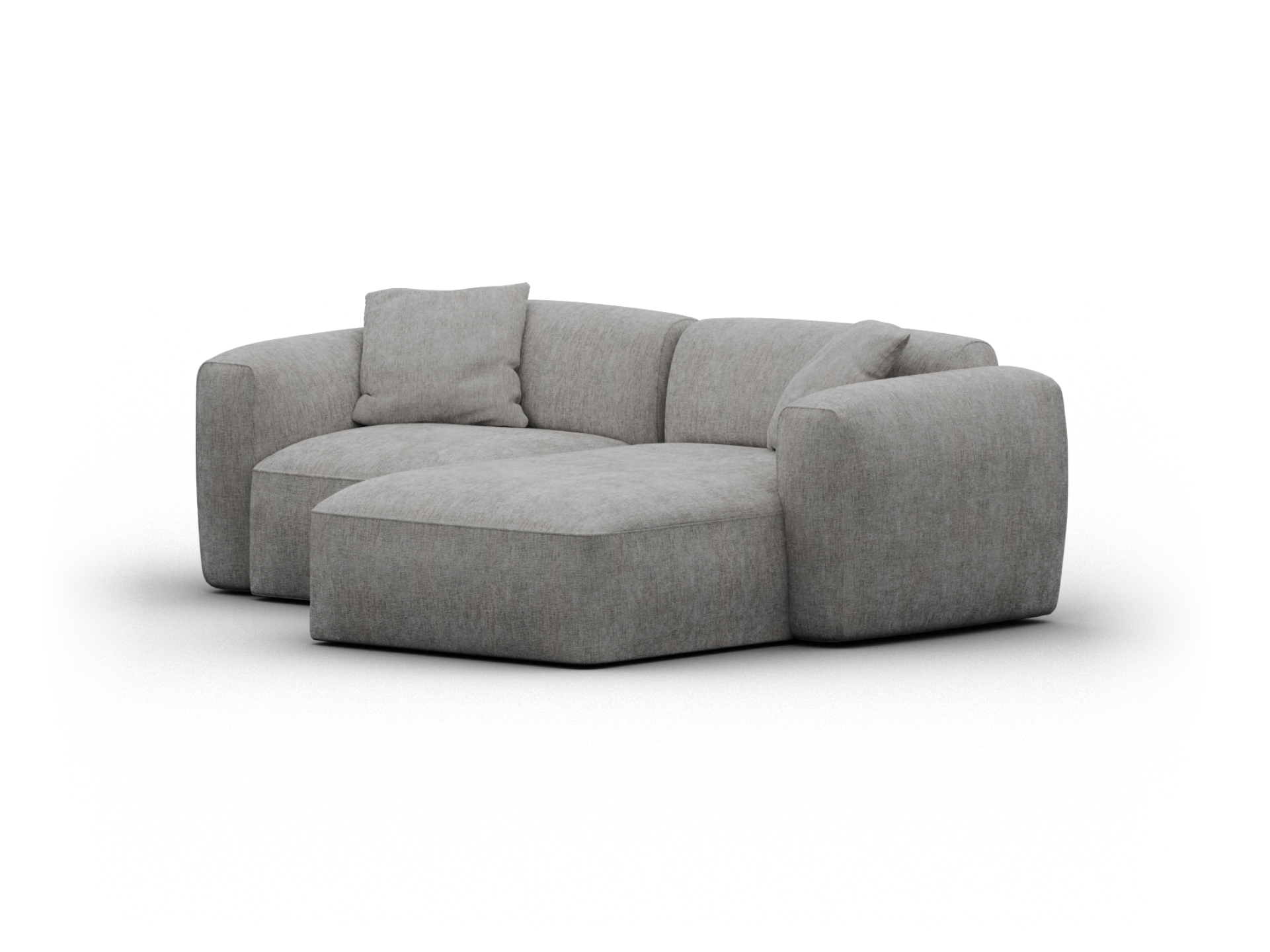 Luxurious grey fabric sectional sofa featuring plush cushions and curved armrests. Modern and elegant, perfect for upscale living spaces.