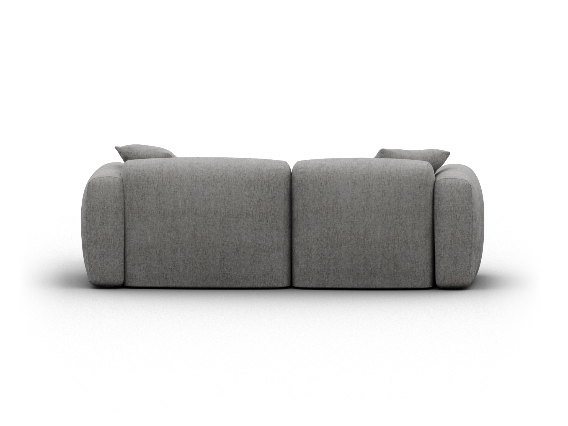 Luxurious grey fabric sofa with plush, rounded arms and cushioned backrests, exuding modern elegance. Perfect for an upscale living room setting.