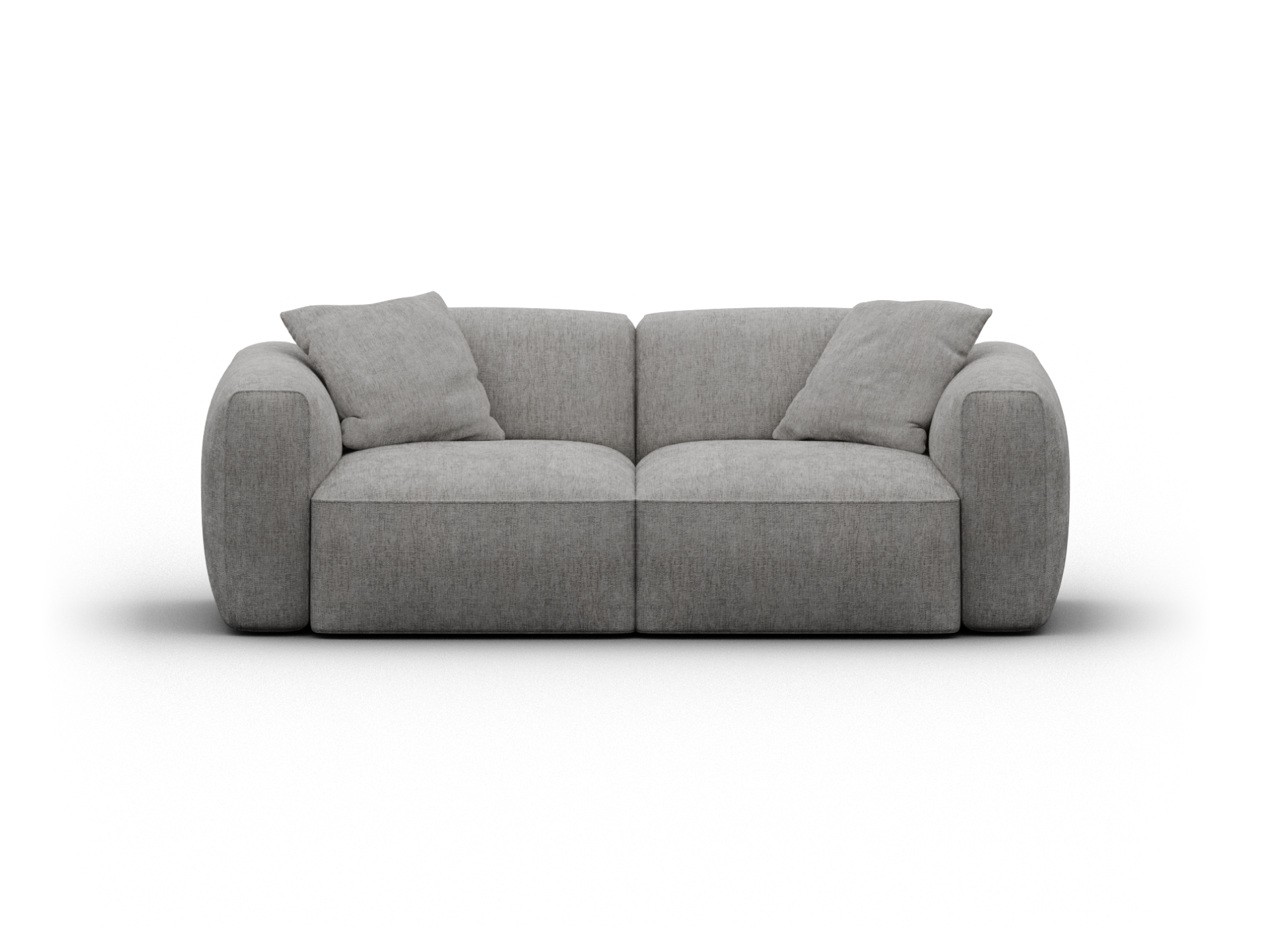 Modern grey fabric sofa with plush cushions, rounded arms, and minimalist design. Crafted for comfort and elegance in a luxurious living room setting.