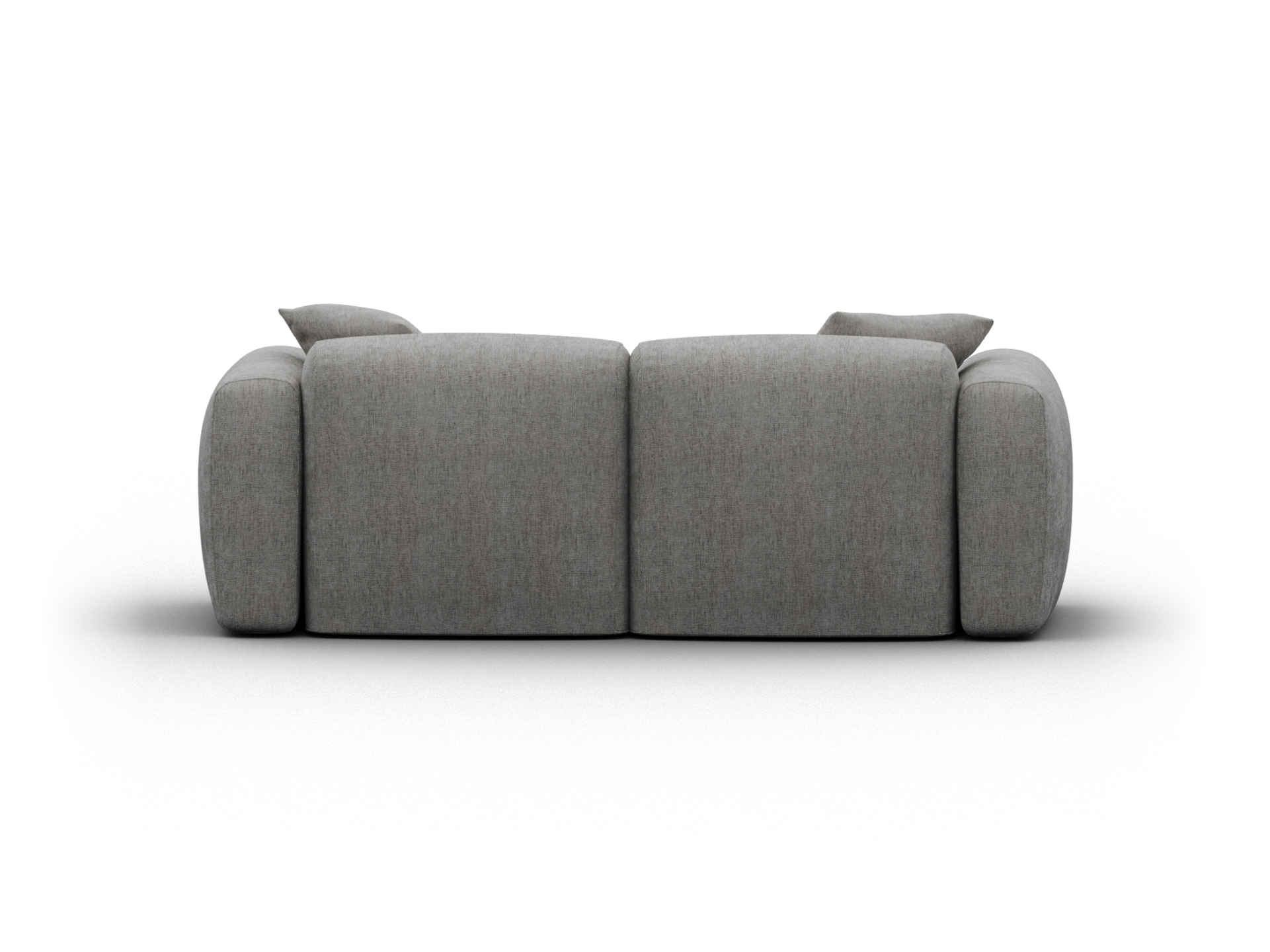 Modern grey fabric sofa with plush cushioning, sleek minimalist design, and rounded armrests. Ideal for luxury living spaces.