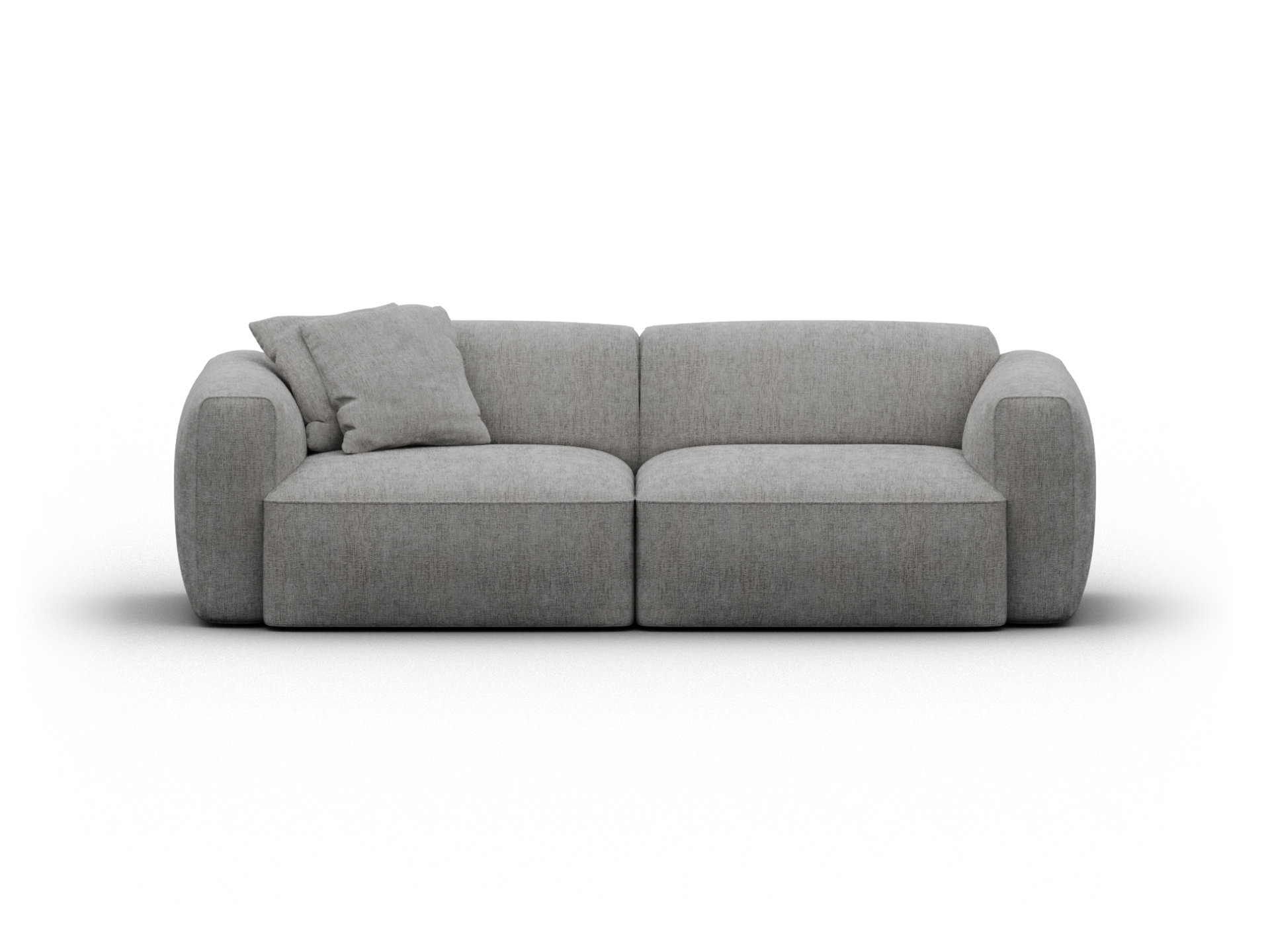 Luxurious two-seater sofa in premium grey fabric, featuring a modern, curvaceous design with plush cushions. Ideal for contemporary living spaces.