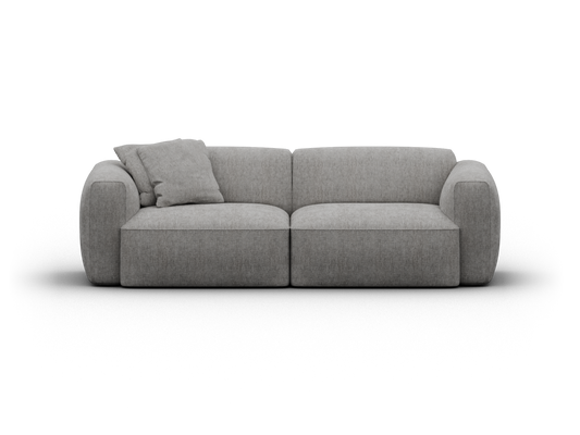 Luxurious grey modular sofa with plush fabric upholstery, rounded arms, and minimalist design. Includes matching cushions, ideal for contemporary living spaces.