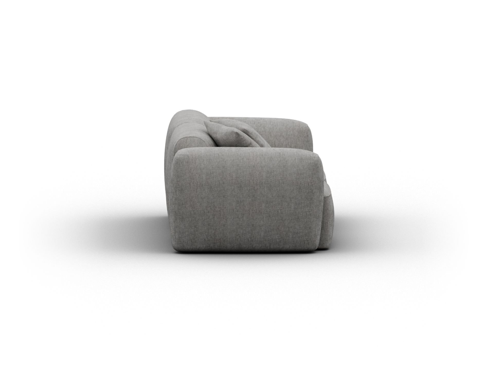 Modern grey fabric armchair with a plush, rounded silhouette. Features structured, cushioned seating for comfort. Ideal for upscale living spaces.