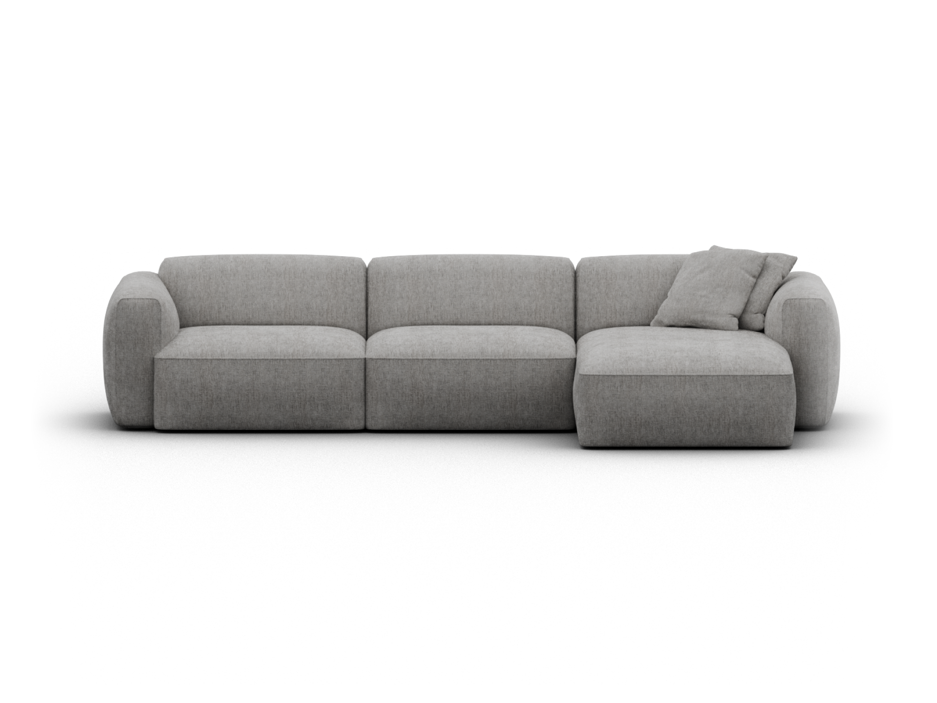 Luxurious grey fabric sectional sofa with an elegant chaise lounge, plush cushions, and curved armrests, perfect for a modern living room setting.