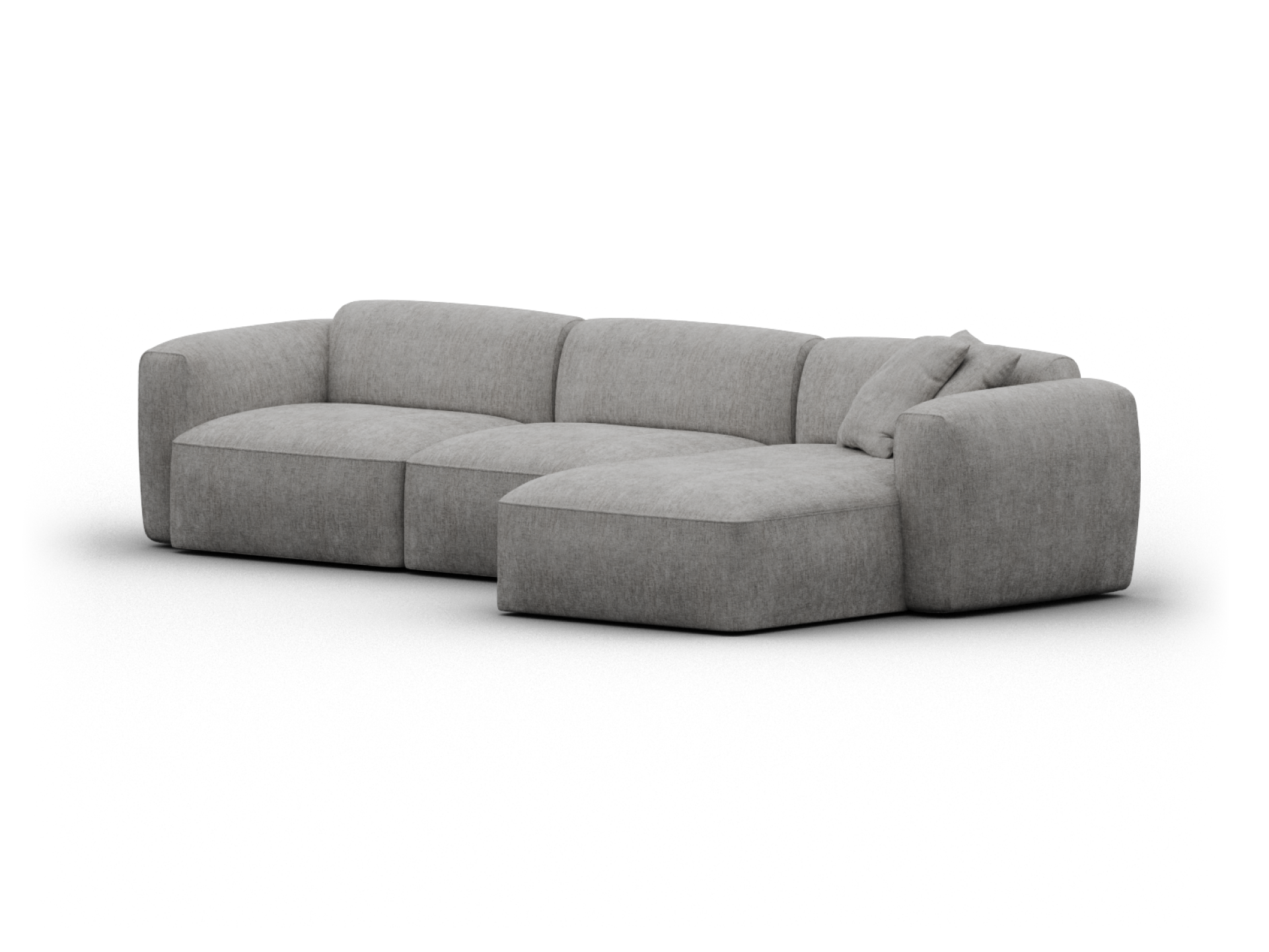 Luxurious grey sectional sofa in textured fabric, featuring plush cushions and a chaise section. Perfect for spacious, contemporary living areas.