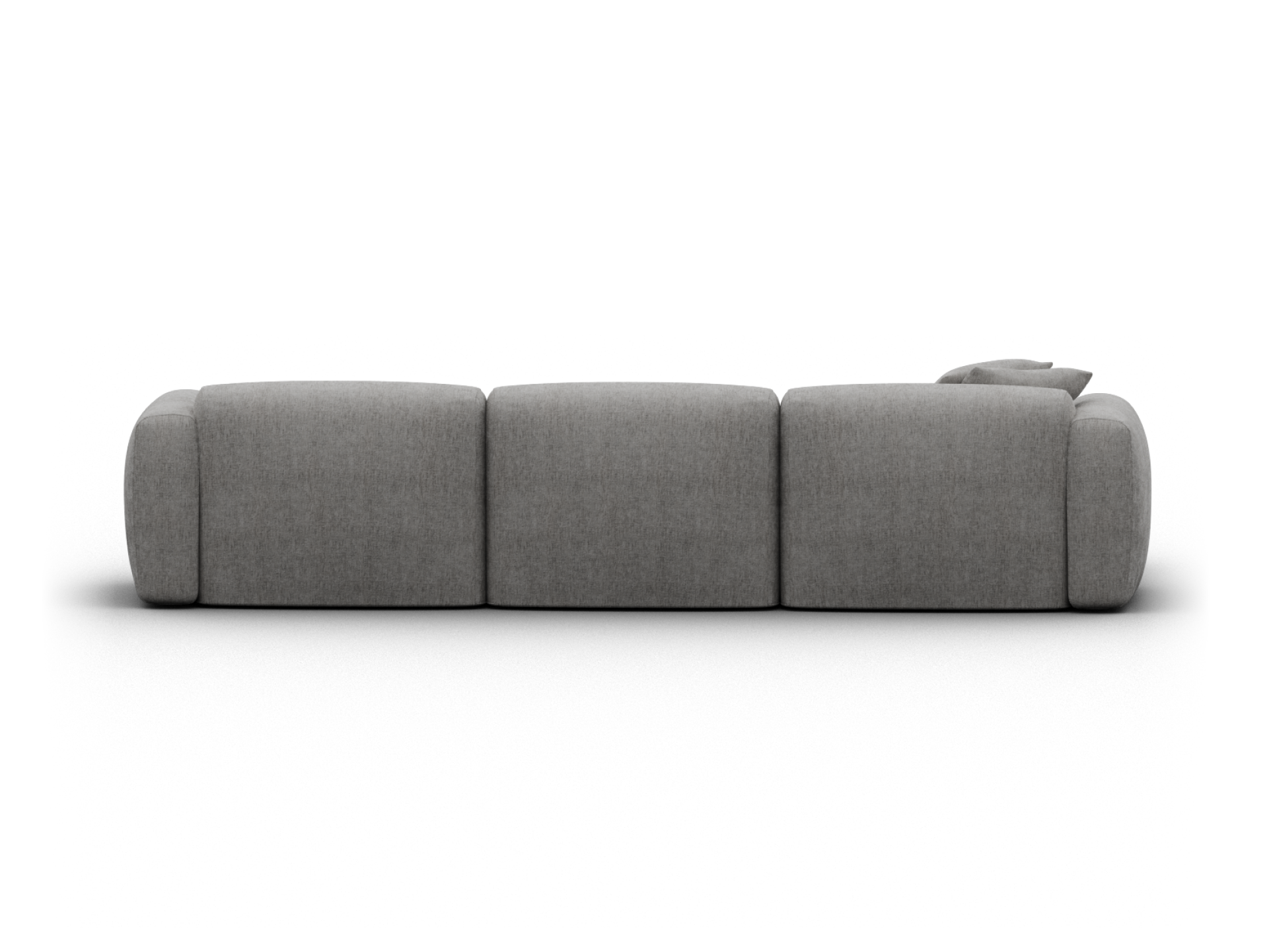 Modern grey fabric sofa with a minimalist silhouette, featuring three plush cushions and rounded armrests, set in a sleek, contemporary space.