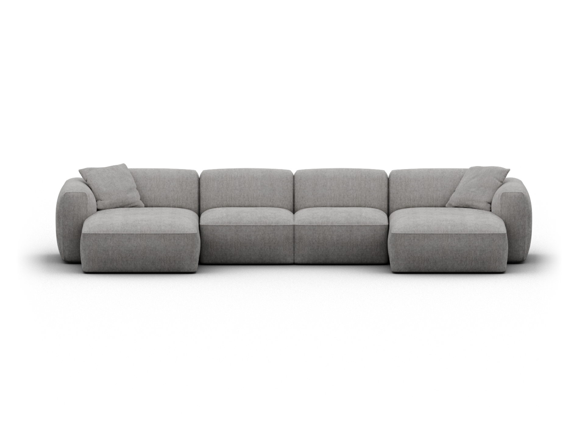 Sophisticated modular sofa in light grey fabric, featuring plush cushions and a minimalist design. Ideal for spacious modern living rooms.