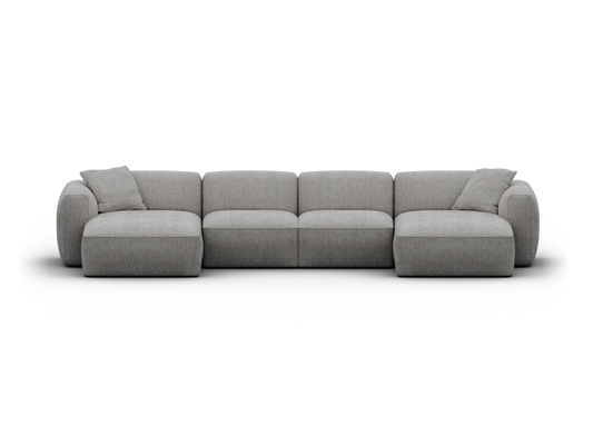 Sophisticated modular sofa in light grey fabric, featuring plush cushions and a minimalist design. Ideal for spacious modern living rooms.