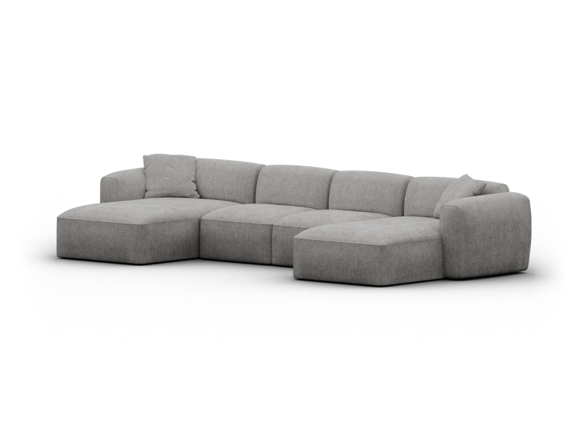 Modular grey sectional sofa with plush upholstery, featuring deep seats and adjustable backrests. Ideal for expansive living rooms, offering sleek modern comfort.