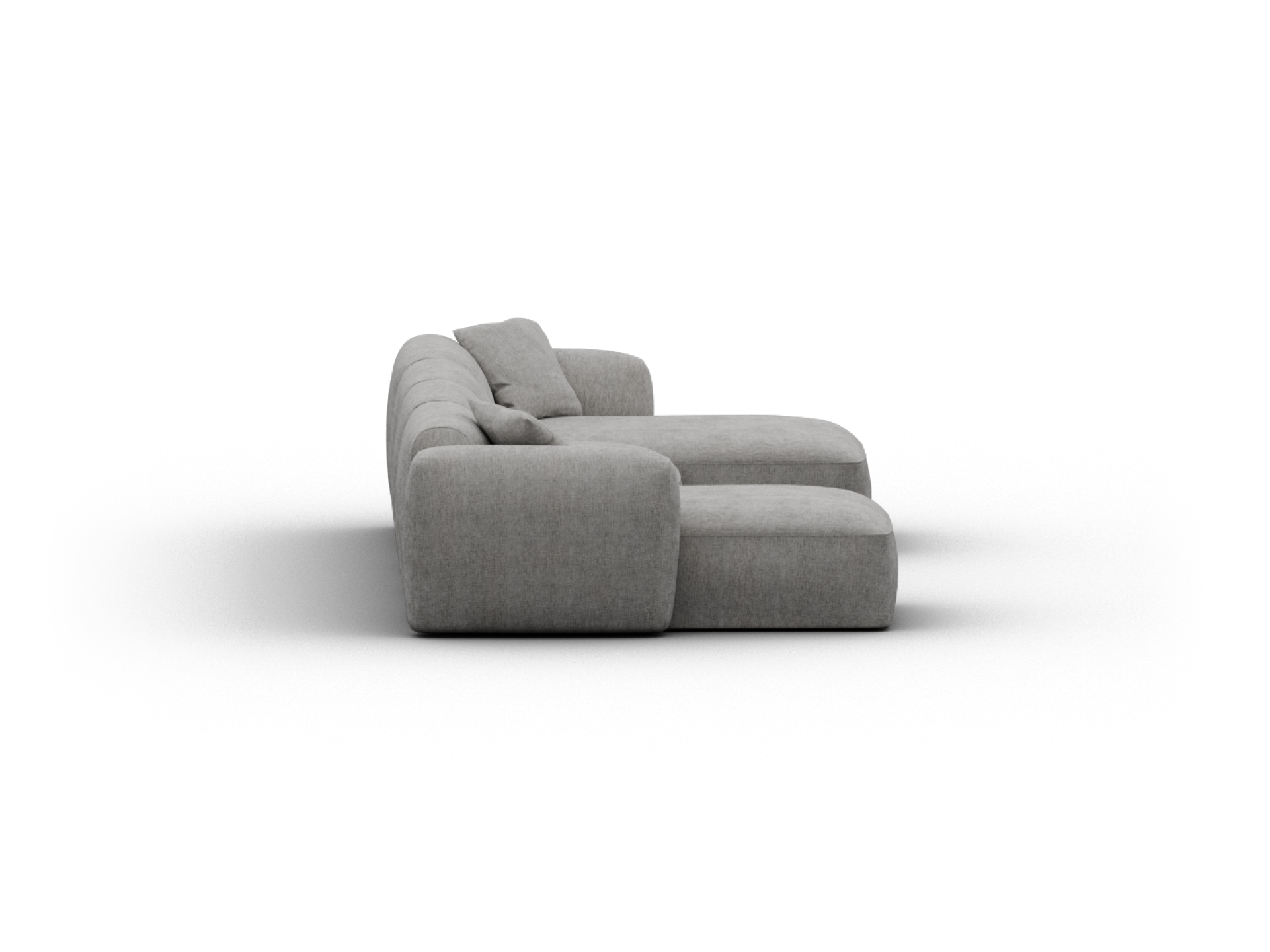 Modern grey sectional sofa with plush upholstery, featuring wide chaise lounge and deep seating. Perfect for contemporary living rooms. Sleek, minimalist design.
