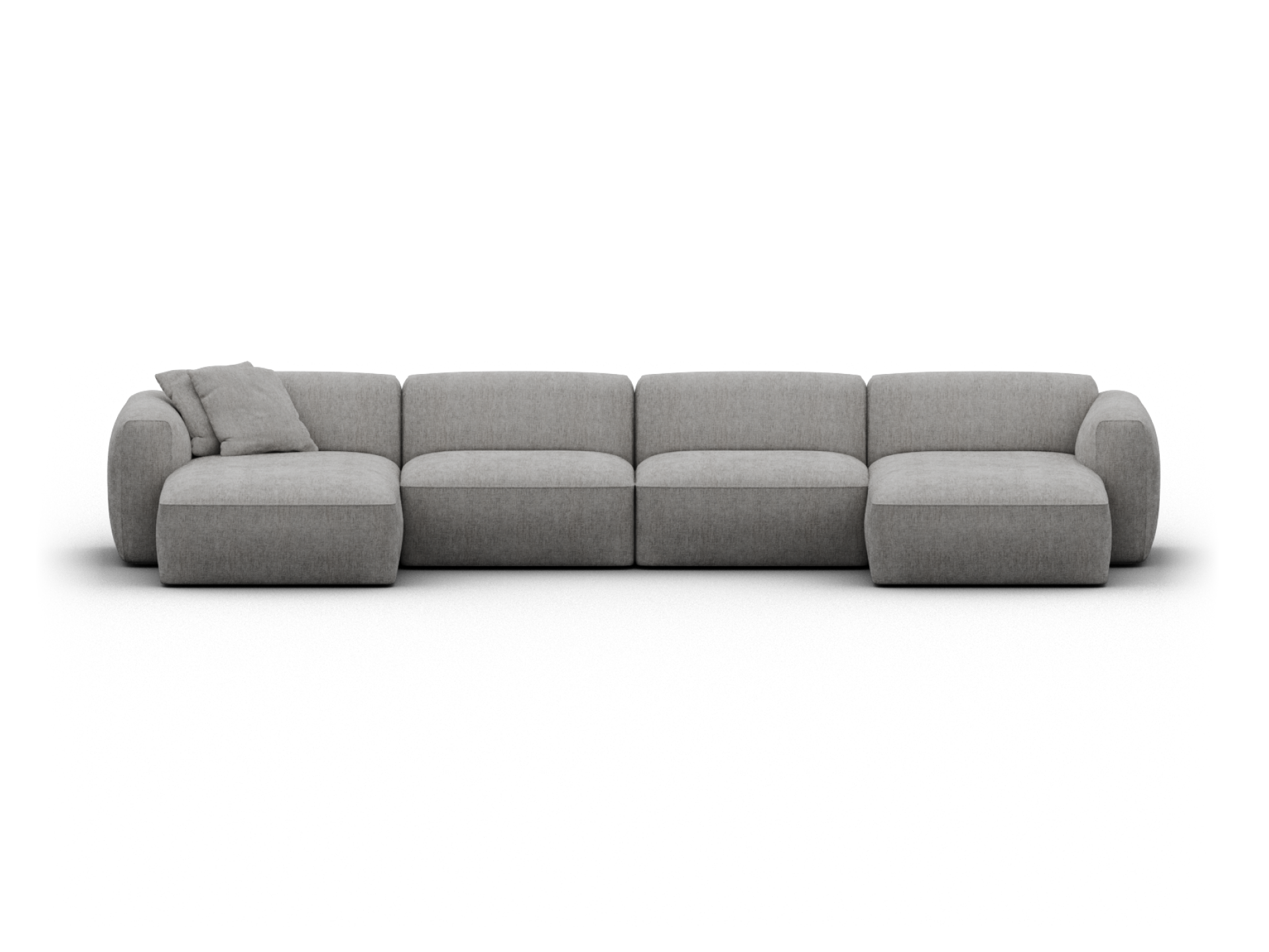 Luxurious modular sectional sofa in soft grey fabric, featuring plush cushions and rounded arms. Ideal for contemporary living spaces.