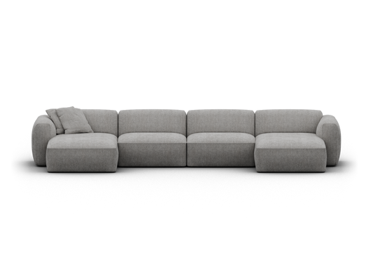 Luxurious four-piece modular sofa in light grey upholstery. Soft, rounded cushions enhance comfort. Ideal for contemporary living spaces.