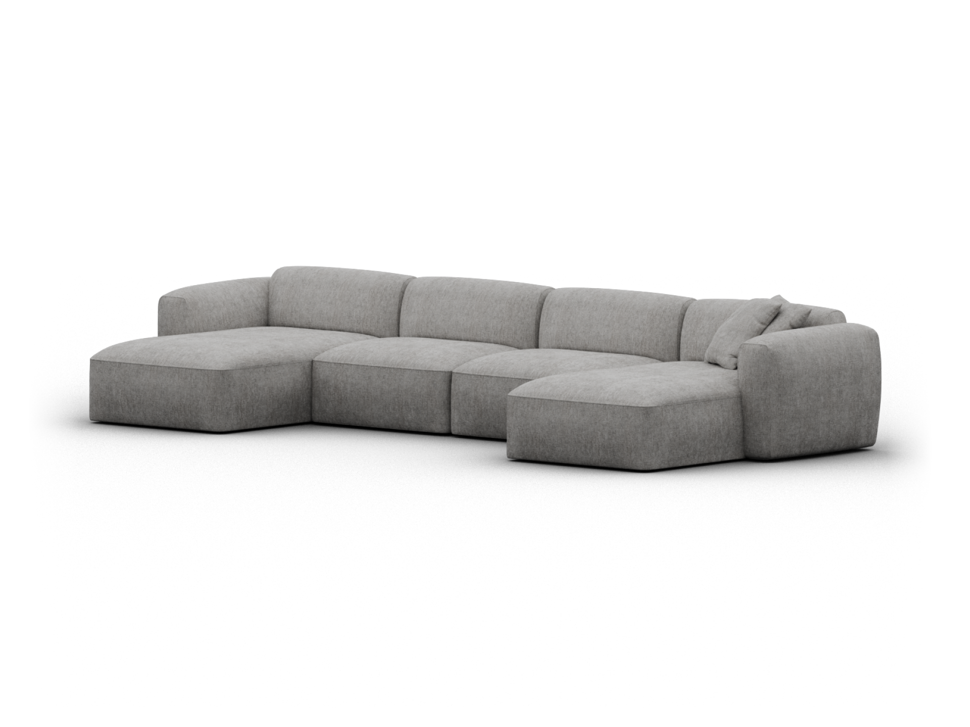 Luxurious L-shaped sectional sofa in premium grey fabric, featuring deep cushions and sleek, contemporary lines. Ideal for modern living spaces.