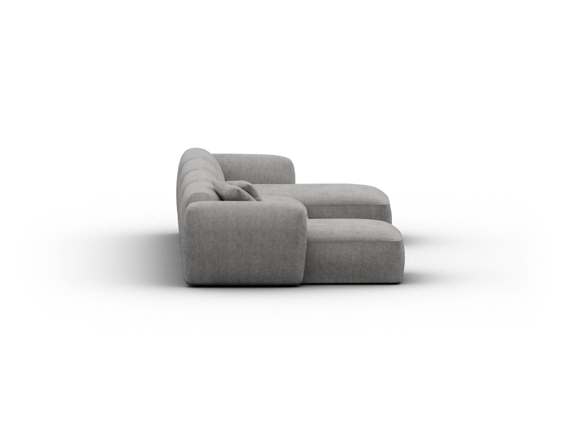 Luxurious grey fabric sectional sofa with deep seating, plush cushions, and broad armrests. Modern design perfect for an elegant living room setting.