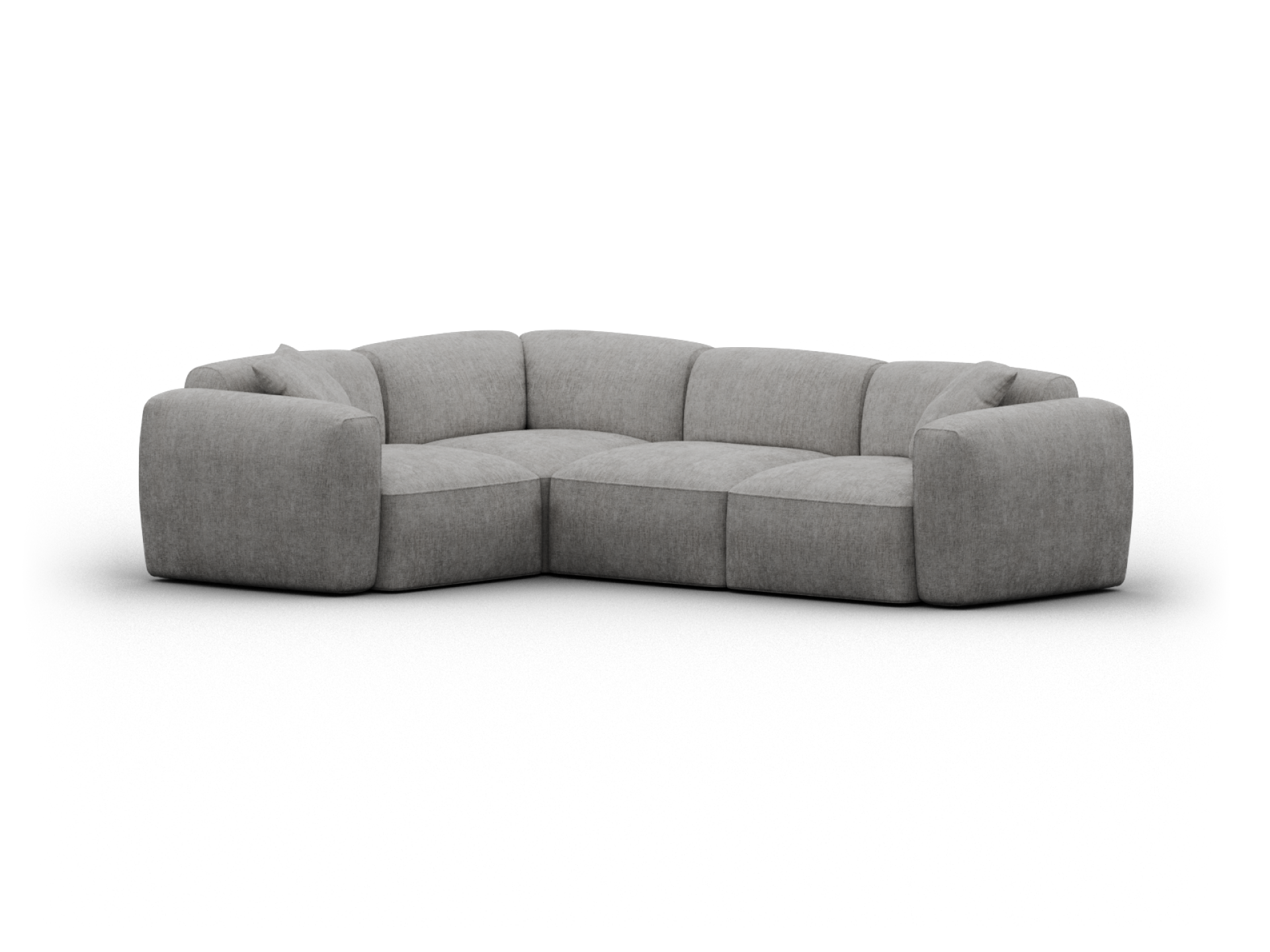 Luxurious grey corner sectional sofa, upholstered in premium soft fabric. Plush cushions and low-profile design create an inviting modern living space.