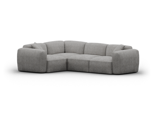 Luxurious grey fabric sectional sofa with plush cushioning, modular design, and modern silhouette. Ideal for a sophisticated living room setting.