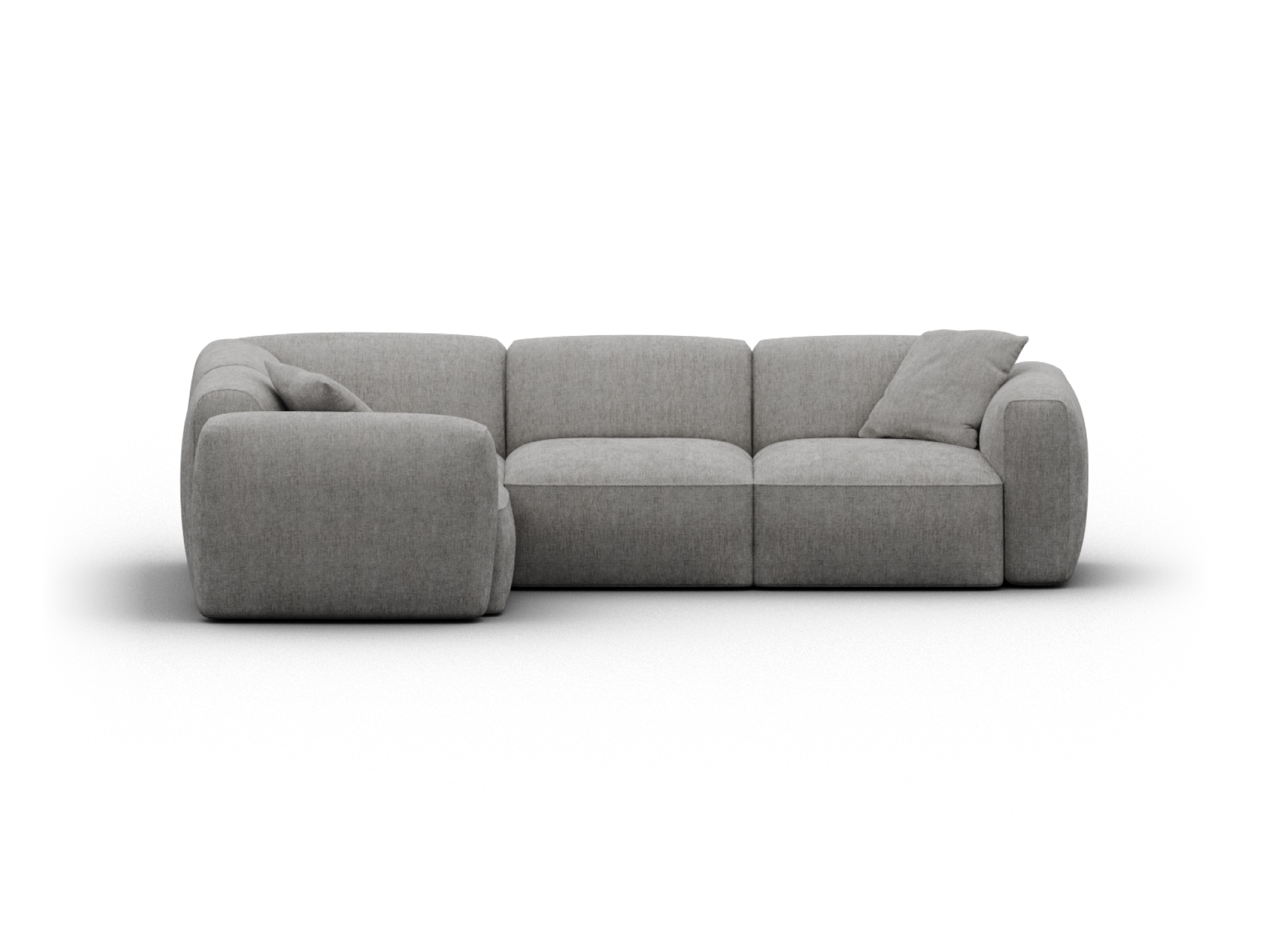 Corner sofa in soft grey fabric, featuring plush cushions and rounded armrests. Modern design enhances luxury living rooms with understated elegance.