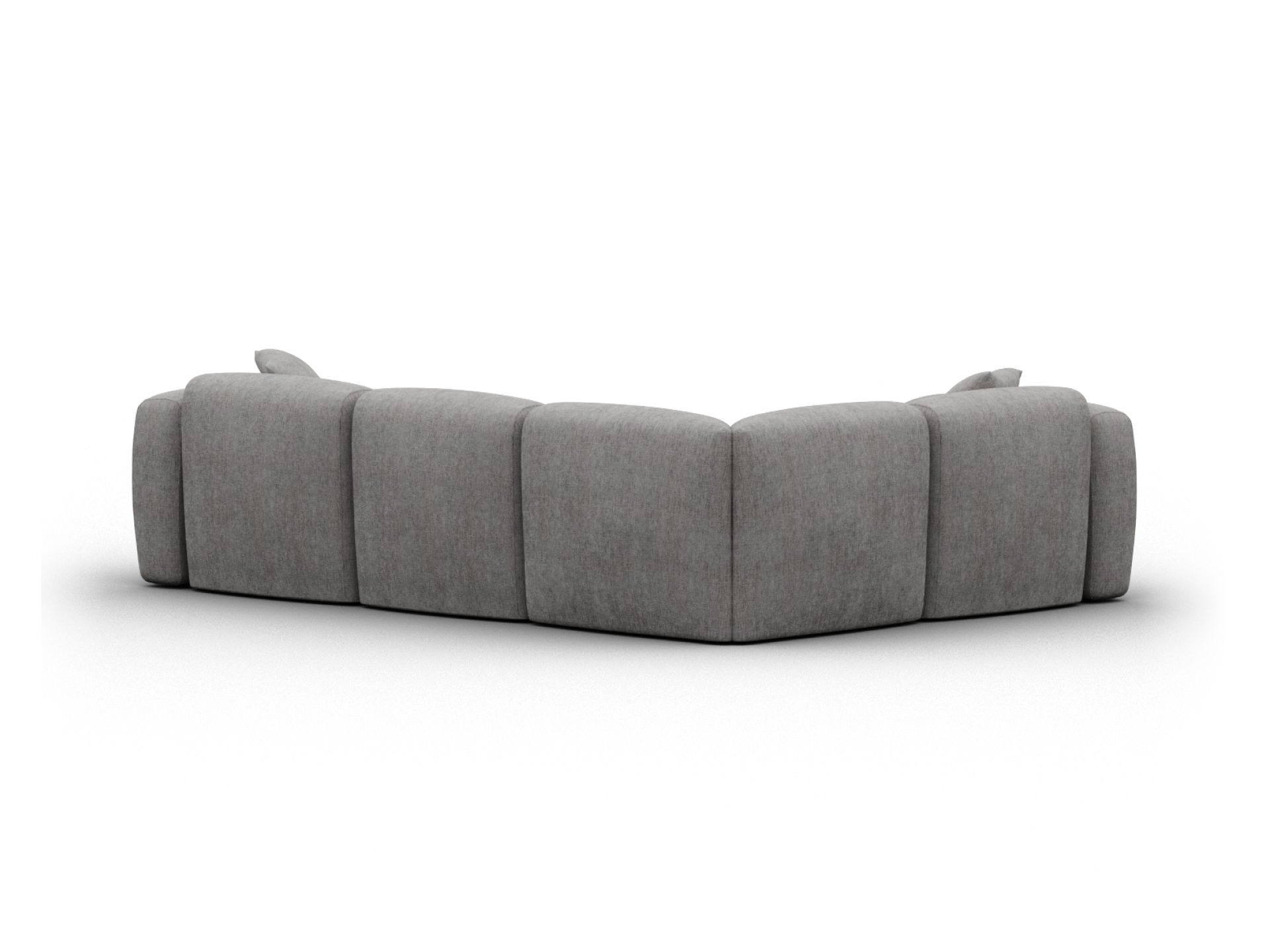 Luxurious grey fabric L-shaped sofa featuring plush cushions, modern design, streamlined structure, perfect for upscale living rooms.
