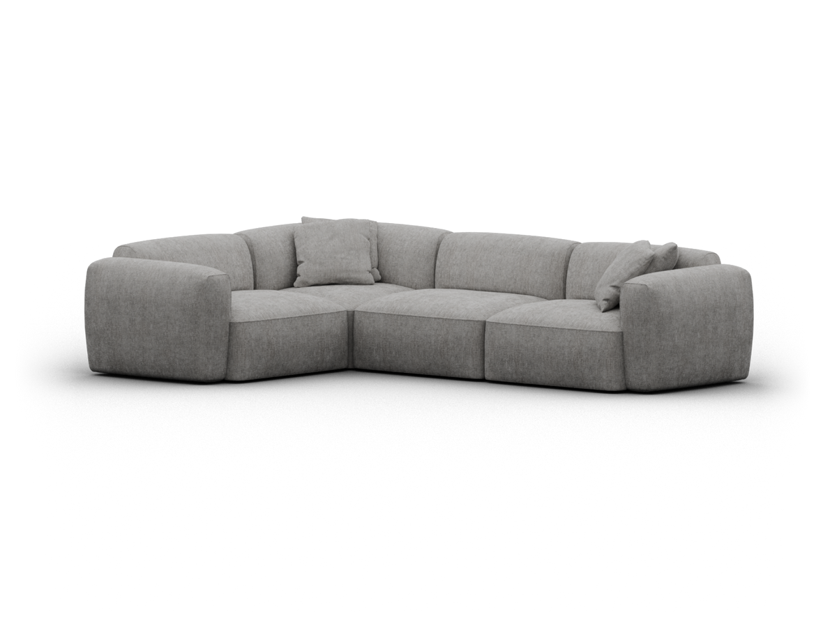 Luxurious grey sectional sofa in premium fabric, featuring plush cushions and a modular design. Ideal for sophisticated living spaces, offering comfort and style.