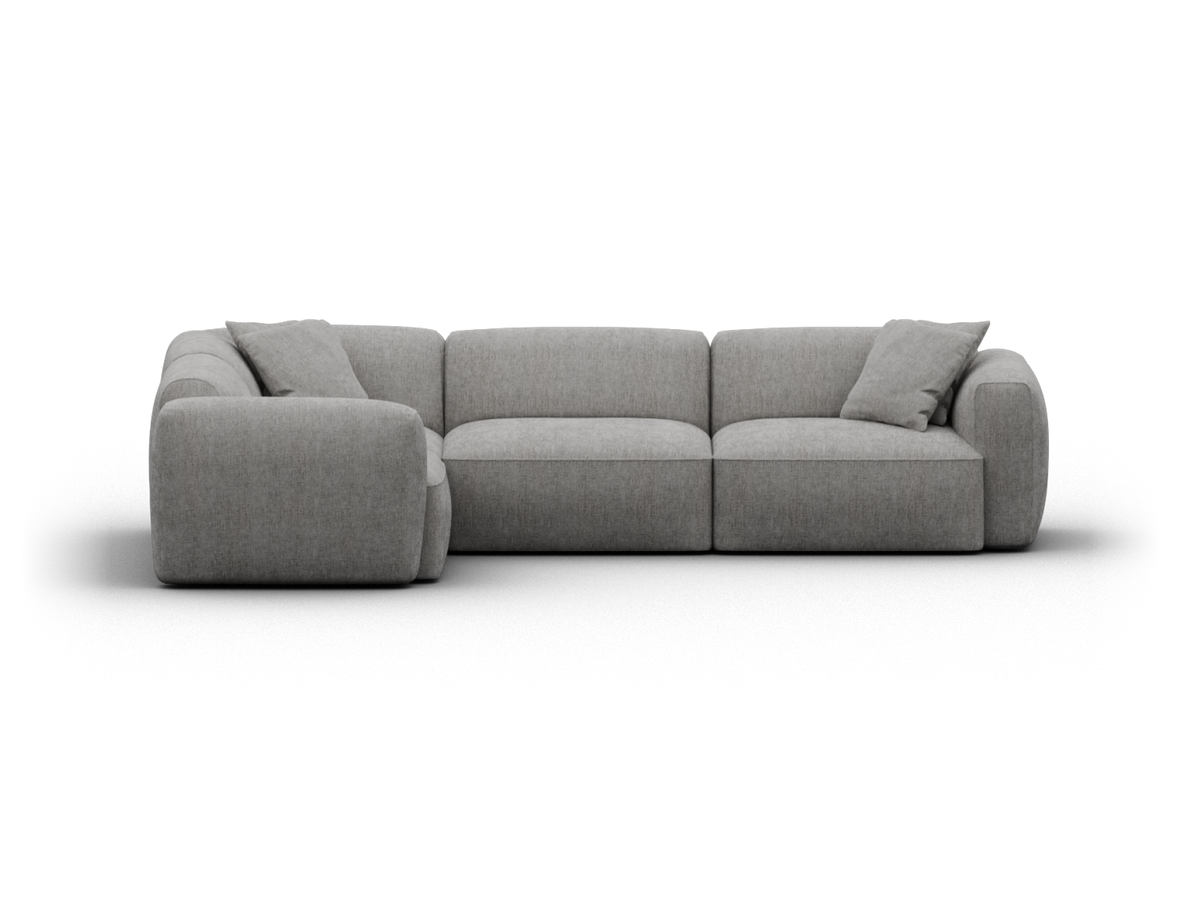 Luxurious grey fabric three-seater sofa with plush cushions, featuring minimalist design and rounded edges, perfect for a contemporary living room setting.