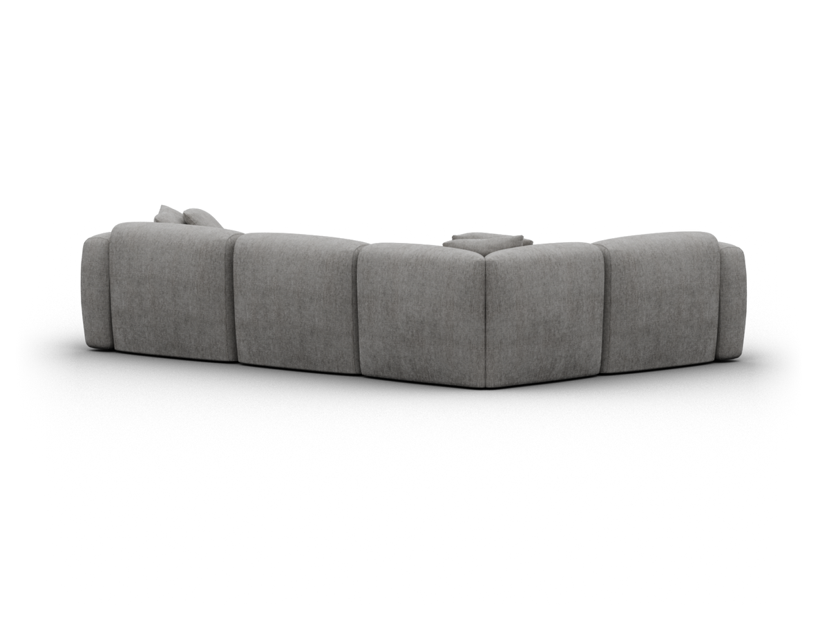 Luxurious grey fabric sectional sofa with plush upholstery, featuring deep seats and a modern silhouette. Perfect for a contemporary living room.
