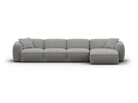 Luxurious grey modular sofa with plush upholstery, deep seating, and an elegant chaise lounge. Perfect for a sophisticated living room setting.