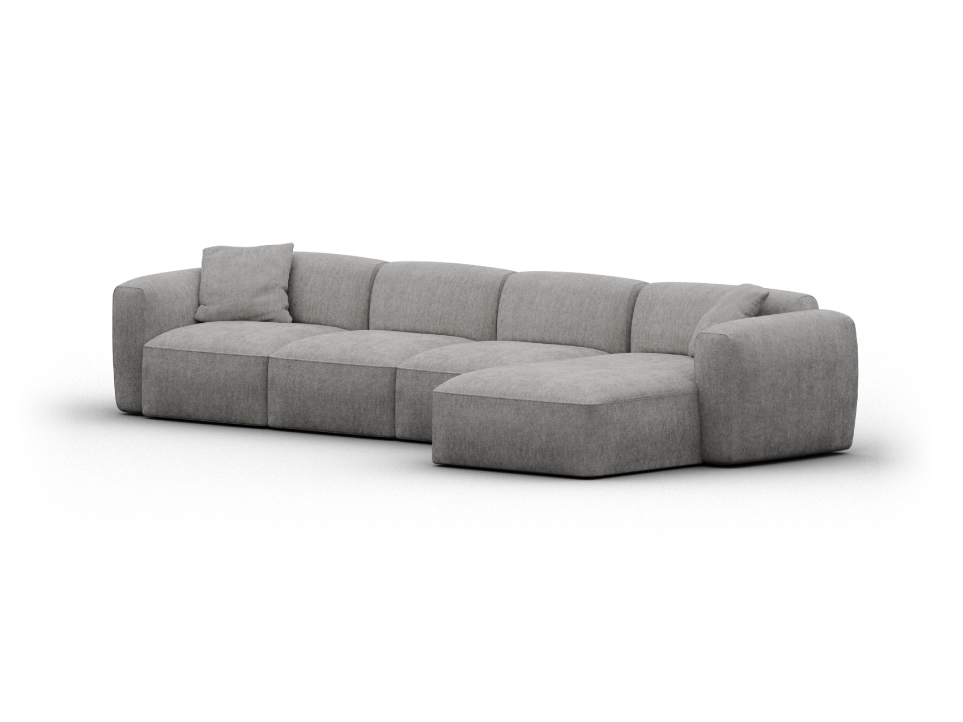 Luxurious grey fabric modular sofa with chaise. Features plush cushioning and sleek lines, perfect for a contemporary living room setting.