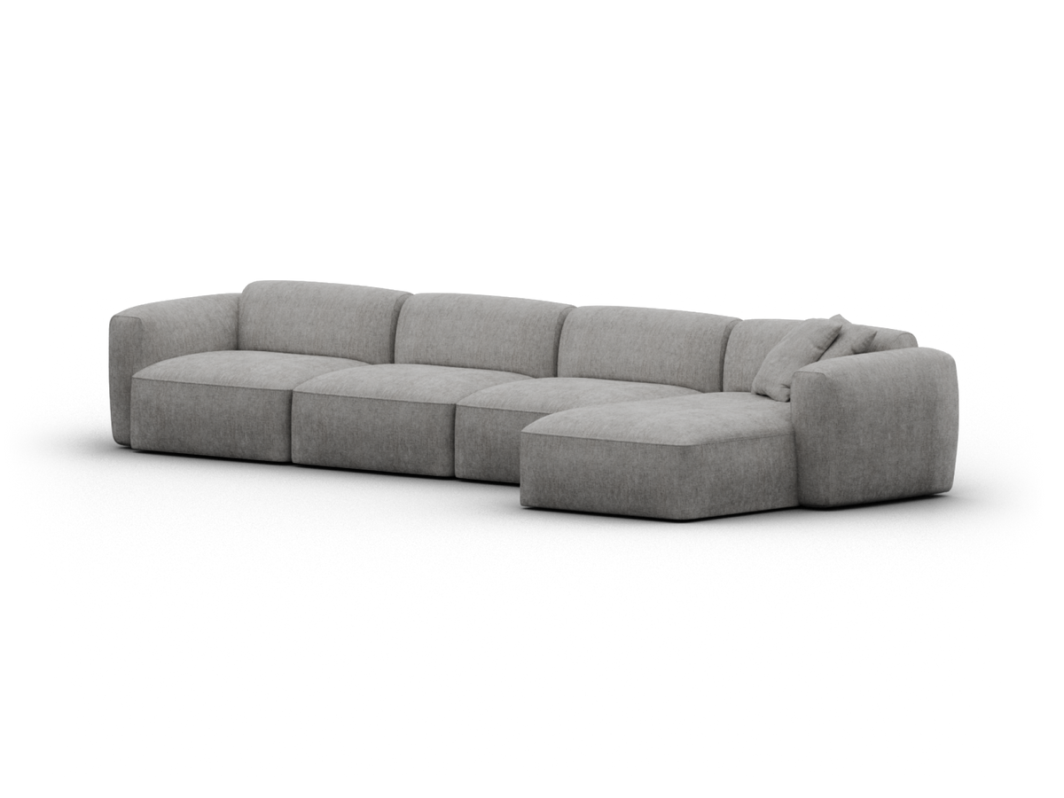 Luxurious modular sectional sofa with plush grey fabric upholstery. Sleek lines, deep seats, right-hand chaise. Perfect for modern living spaces.