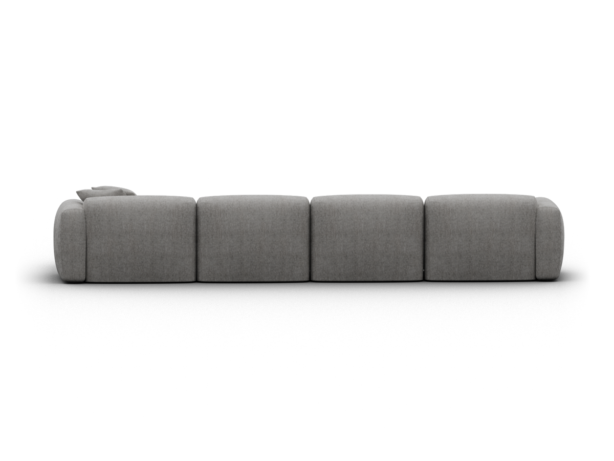 Grey modular sofa in premium wool fabric with sleek silhouette. Features plush cushioning and minimalist design, perfect for a contemporary living space.