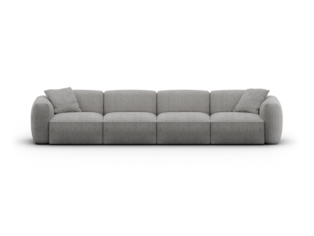 Modular grey fabric sofa, featuring a plush, minimalist design and rounded edges. Perfect for a contemporary living room setting.