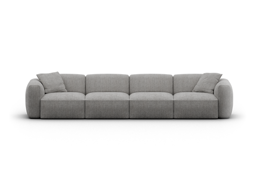 Modular grey fabric sofa, featuring a plush, minimalist design and rounded edges. Perfect for a contemporary living room setting.
