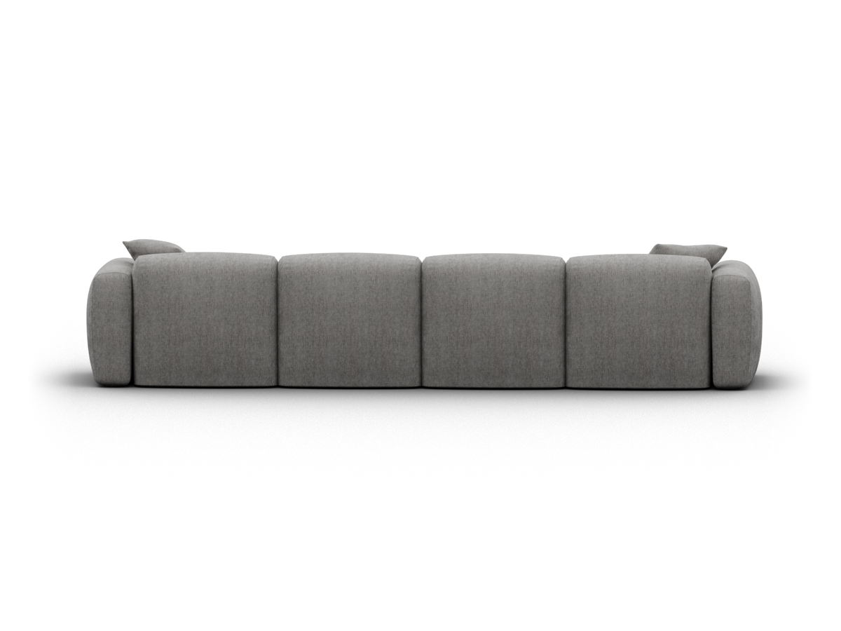 Luxurious modular sofa in premium grey fabric with plush cushioning, sleek silhouette, and contemporary design, perfect for modern living spaces.