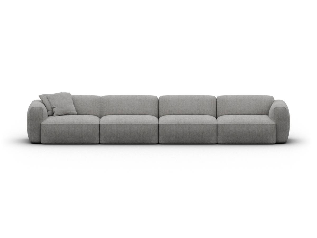 Sleek modular grey sofa with plush fabric upholstery, featuring deep seats and rounded sides. Ideal for spacious living rooms, offering luxury and comfort.