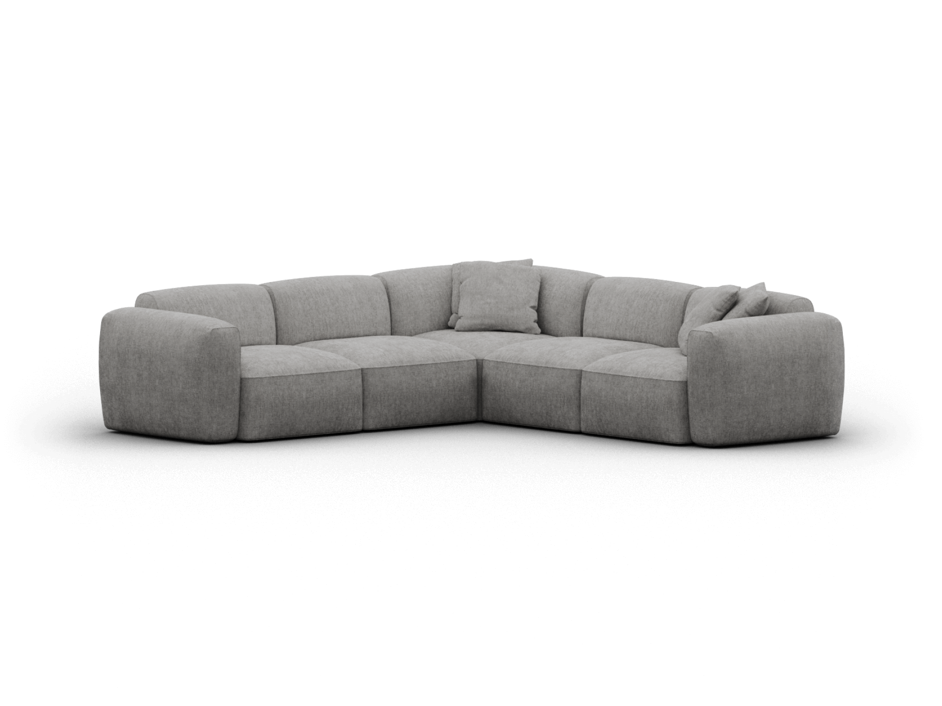 Grey modular corner sofa in plush fabric, featuring deep cushions and a minimalist silhouette, perfect for contemporary living room settings.