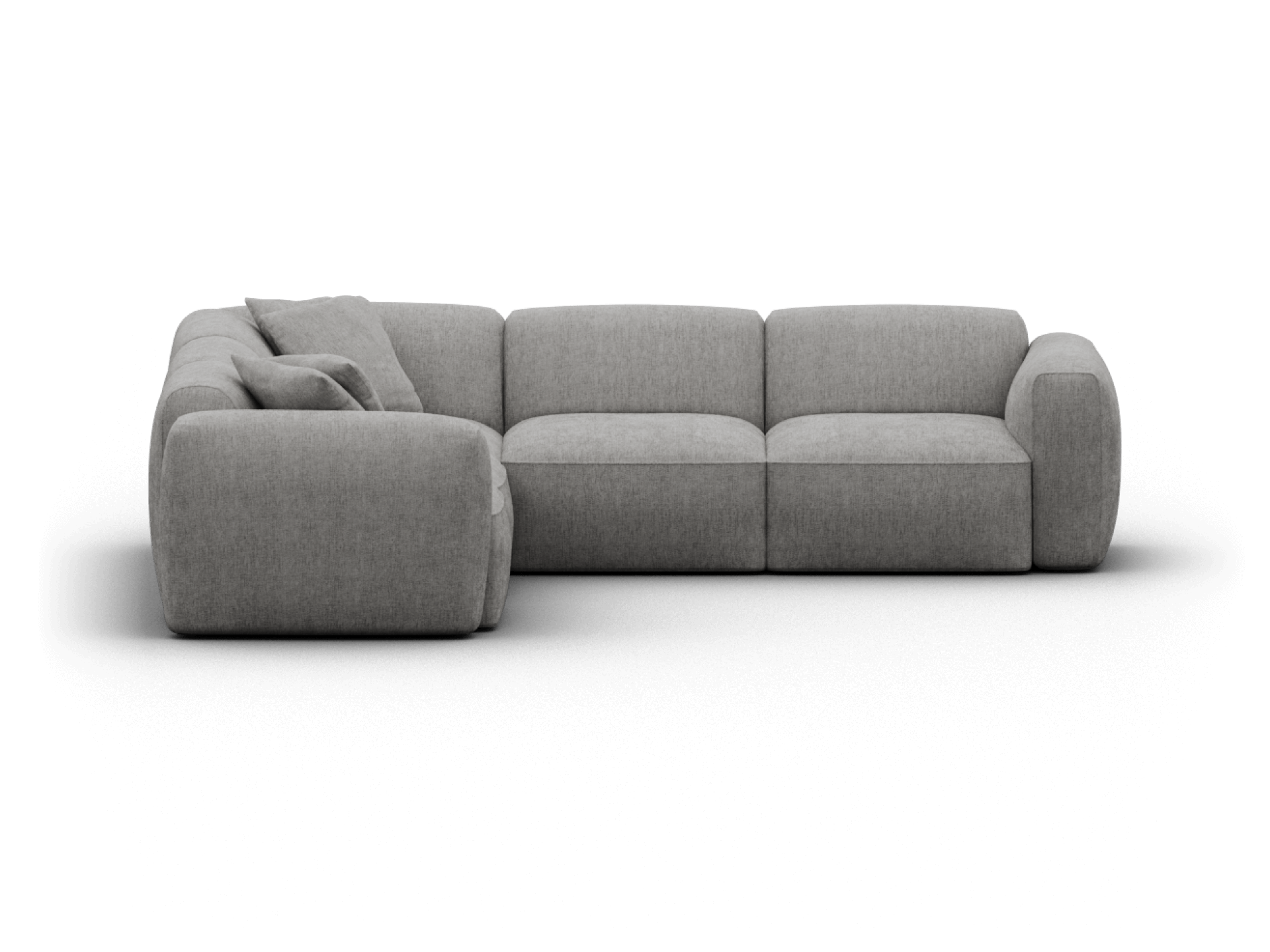 Luxe grey modular sectional sofa in plush fabric, featuring deep seats and bold, rounded armrests. Ideal for spacious, contemporary living areas.