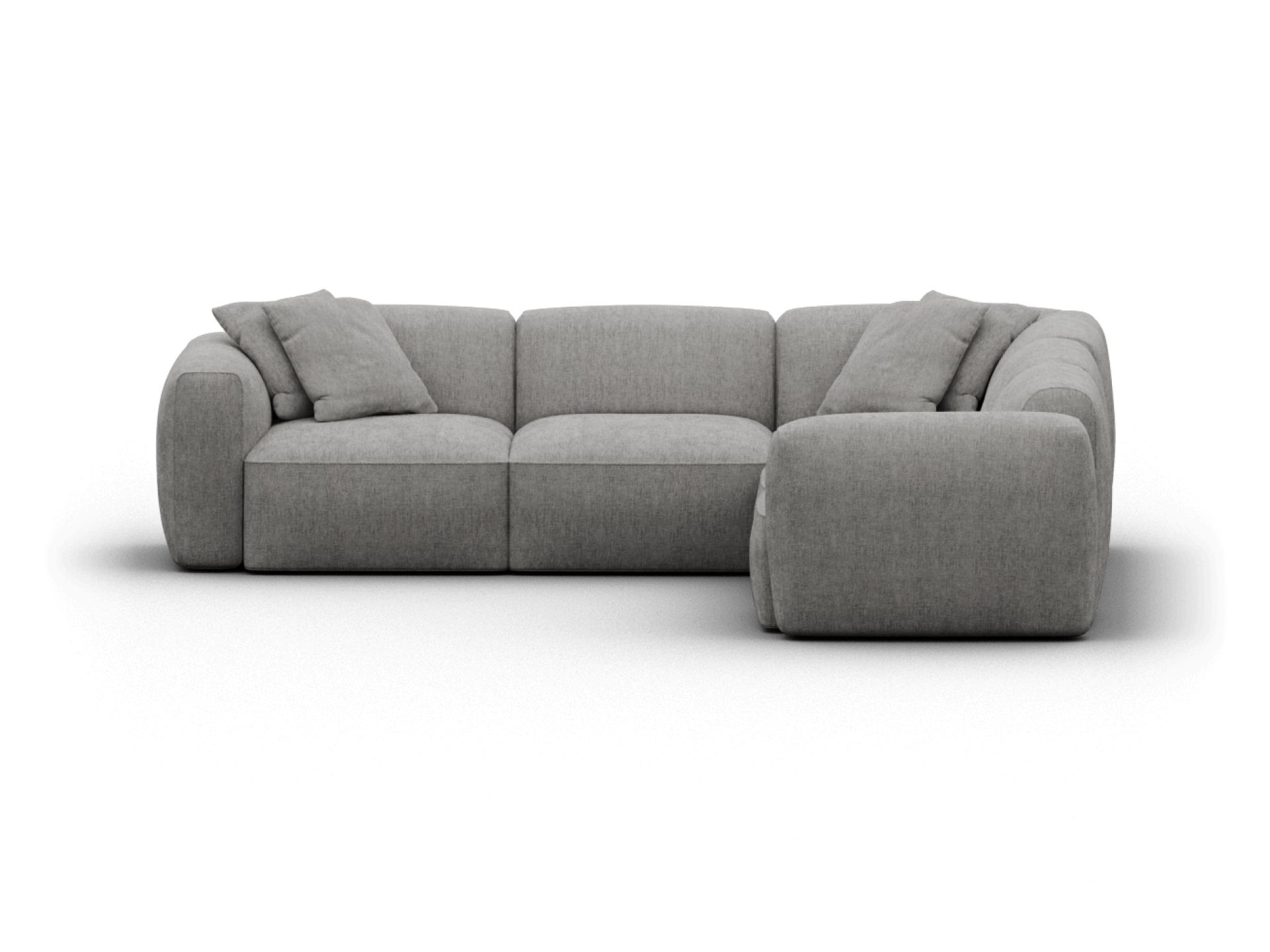 Luxurious grey modular sofa with plush fabric upholstery and modern, oversized cushions. Perfect for spacious living areas seeking contemporary elegance.