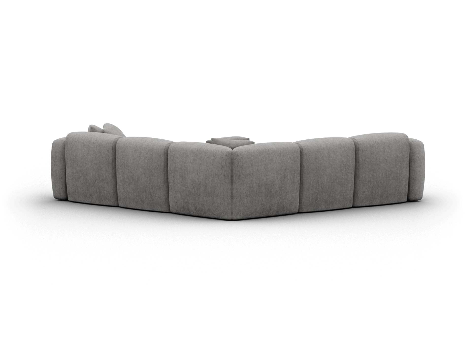 Elegant grey sectional sofa featuring plush fabric upholstery and a modular design. Ideal for spacious living areas, offering versatile seating and modern comfort.