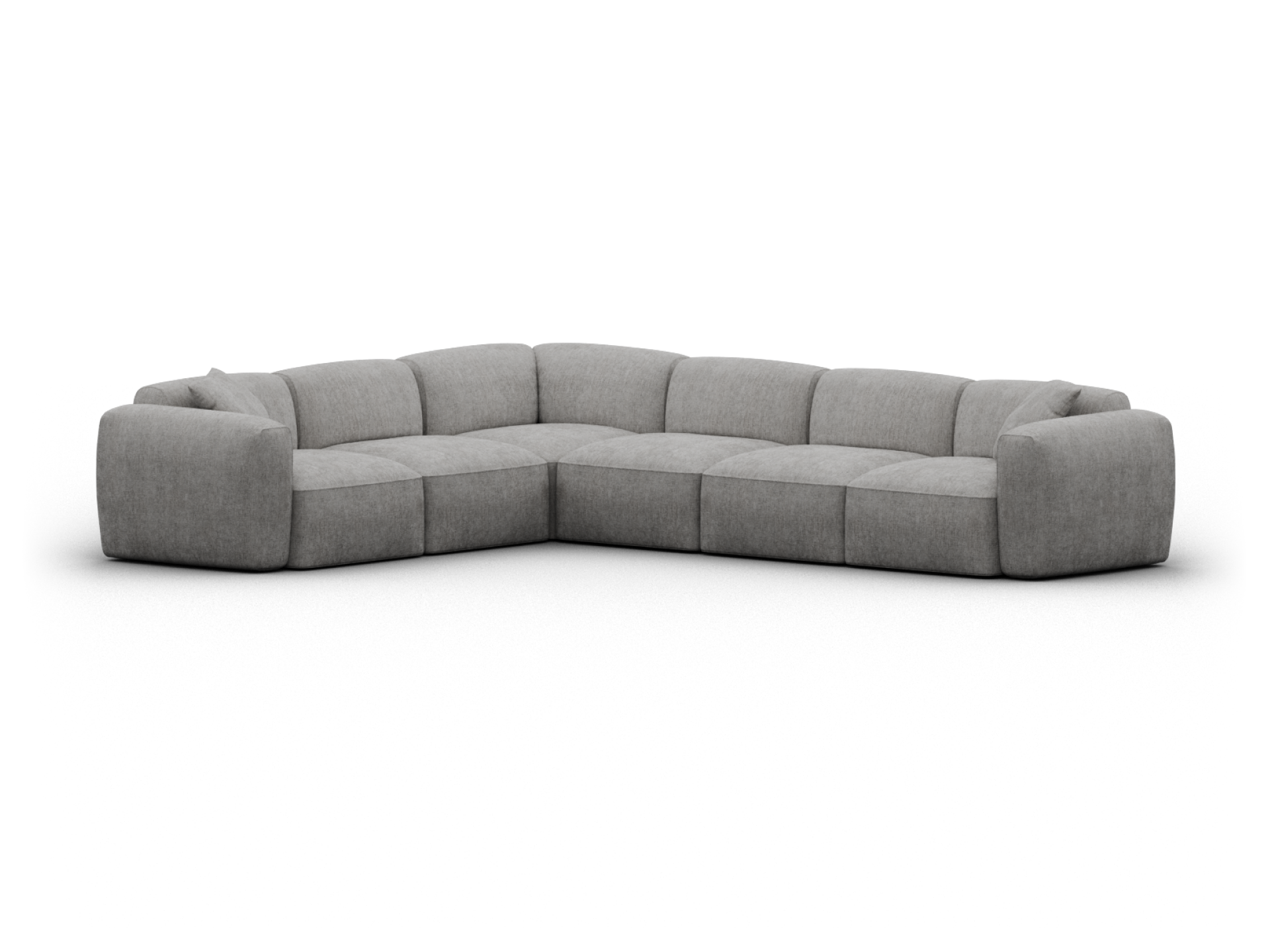 Contemporary grey fabric corner sofa with plush cushions and low-profile design, perfect for a spacious modern living room.