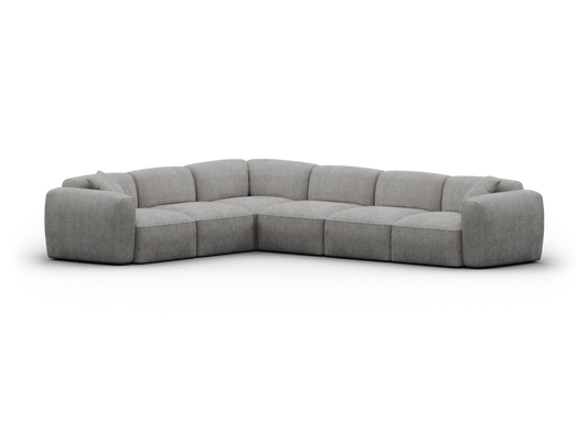 Elegant grey sectional sofa in premium fabric, featuring deep cushions and modular design. Perfect for contemporary living rooms, offering comfort and style.