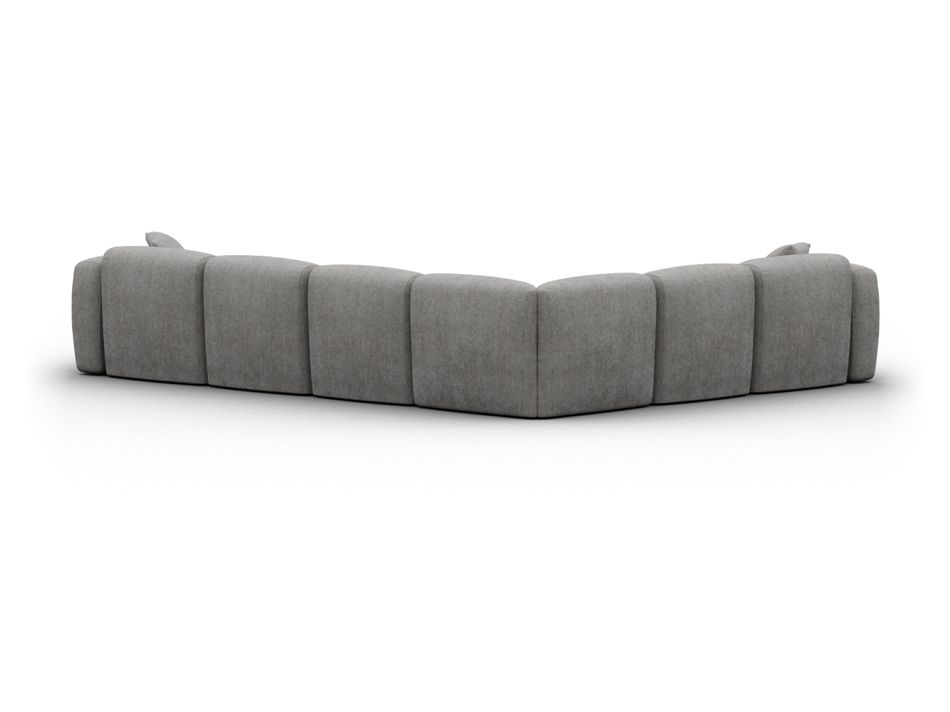 Modern grey sectional sofa, upholstered in plush fabric with sleek, angled design. Features deep seating, minimalist backrest; perfect for contemporary living rooms.