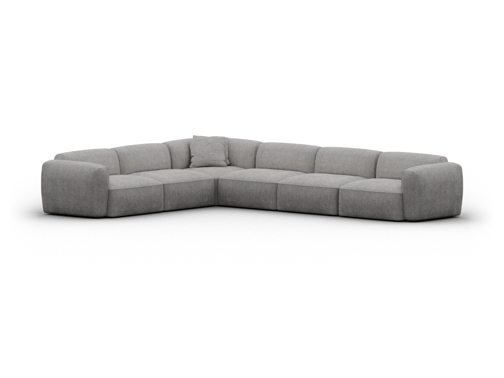 Elegant grey modular sectional sofa with plush fabric upholstery, featuring deep seats and a spacious L-shape design. Ideal for modern living rooms.