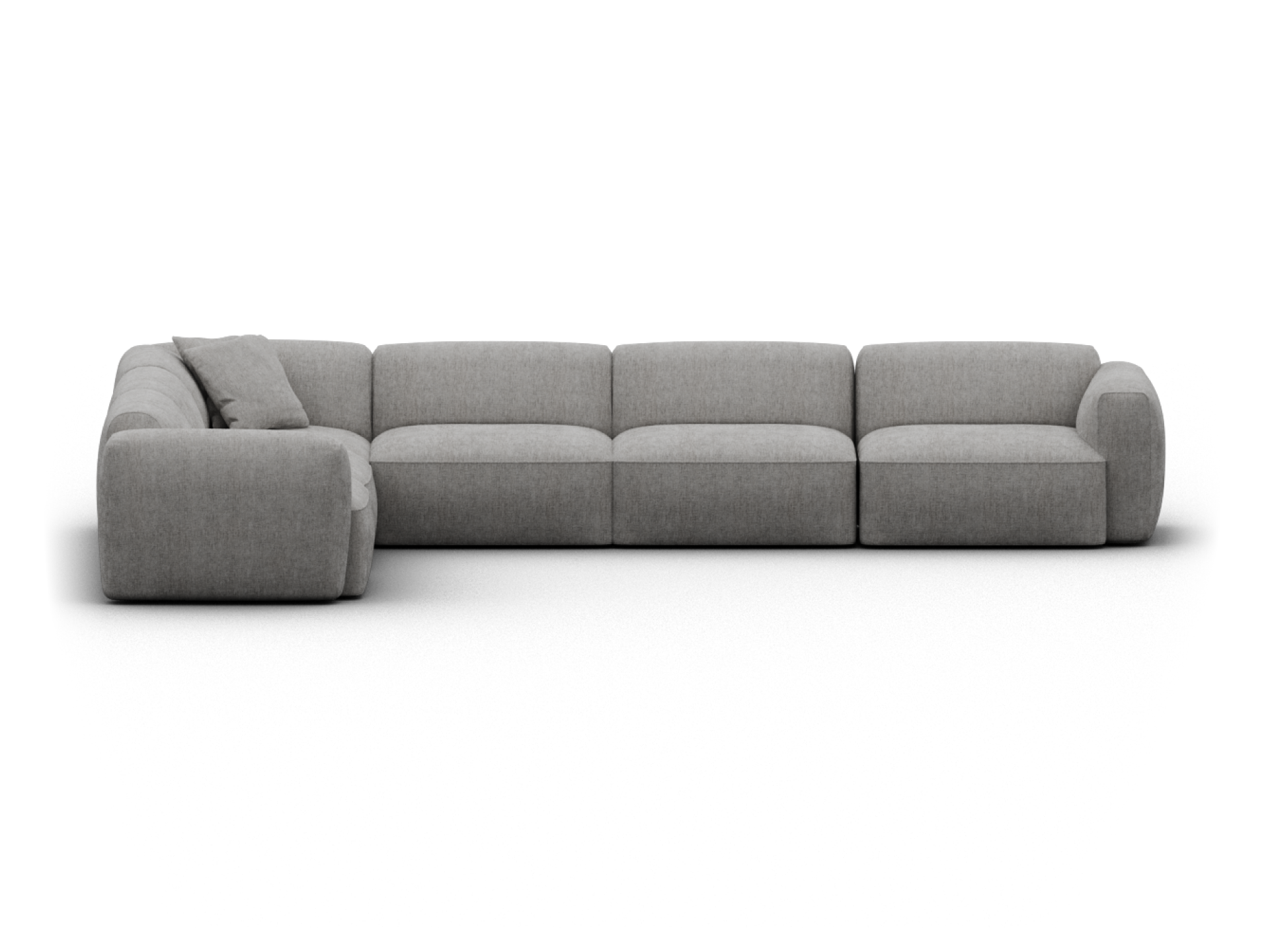 Luxe modular sectional sofa in soft grey fabric, featuring plush cushioning and sleek lines, perfect for an elegant, contemporary living room setting.