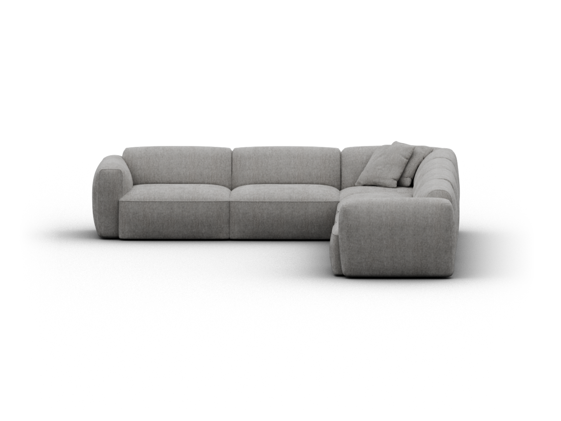 Luxurious L-shaped sectional sofa in soft grey upholstery. Features plush cushions and a streamlined design, perfect for contemporary living spaces.