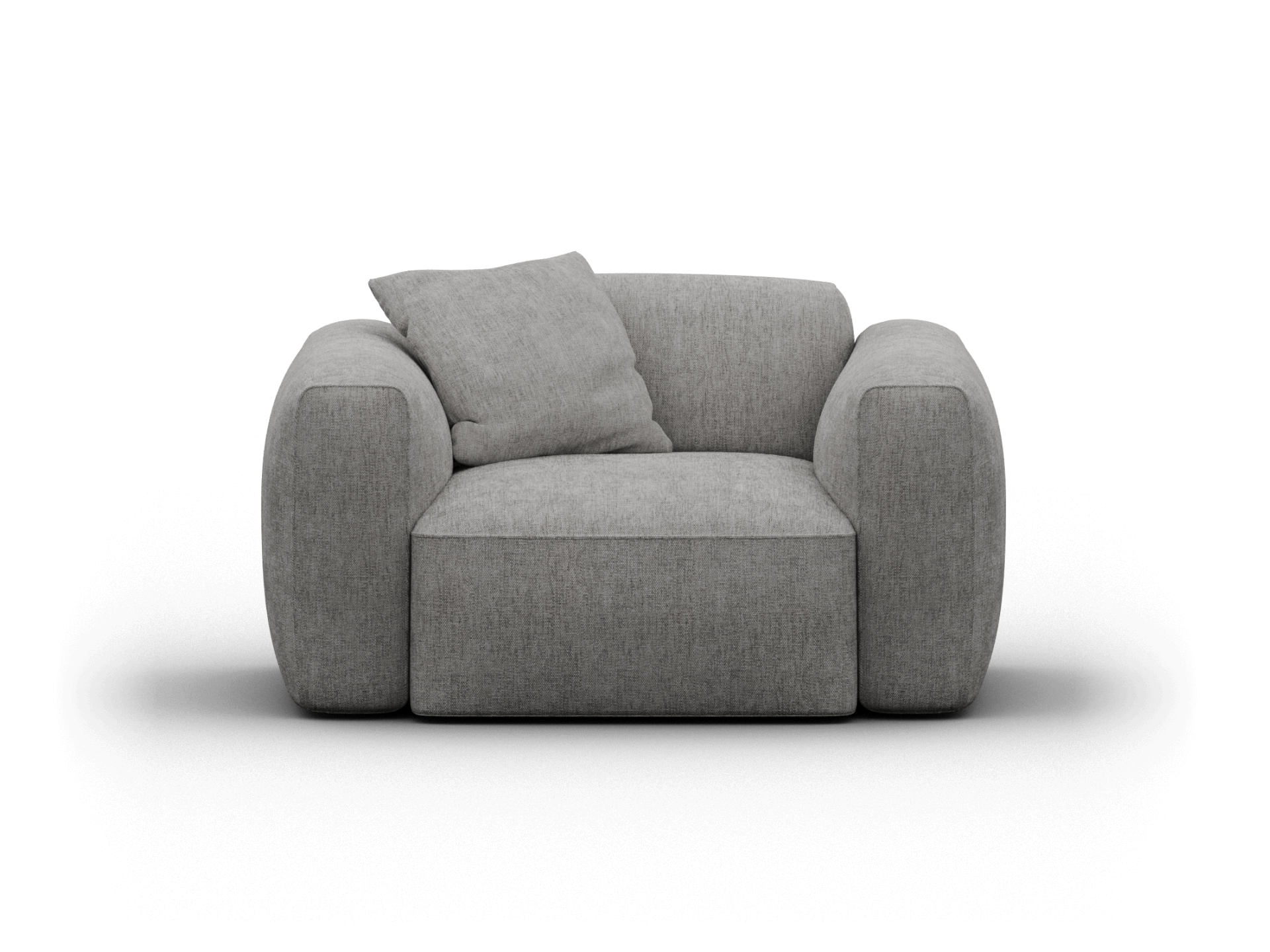 Luxurious grey fabric armchair with thick, rounded cushions and a sleek, contemporary design; perfect for a sophisticated living room setting.