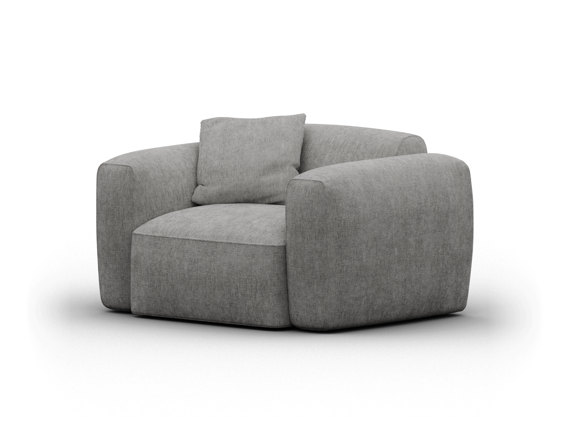 Luxurious grey upholstered armchair with a minimalist design, featuring plush, rounded arms and backrest. Perfect for a modern living room setting.